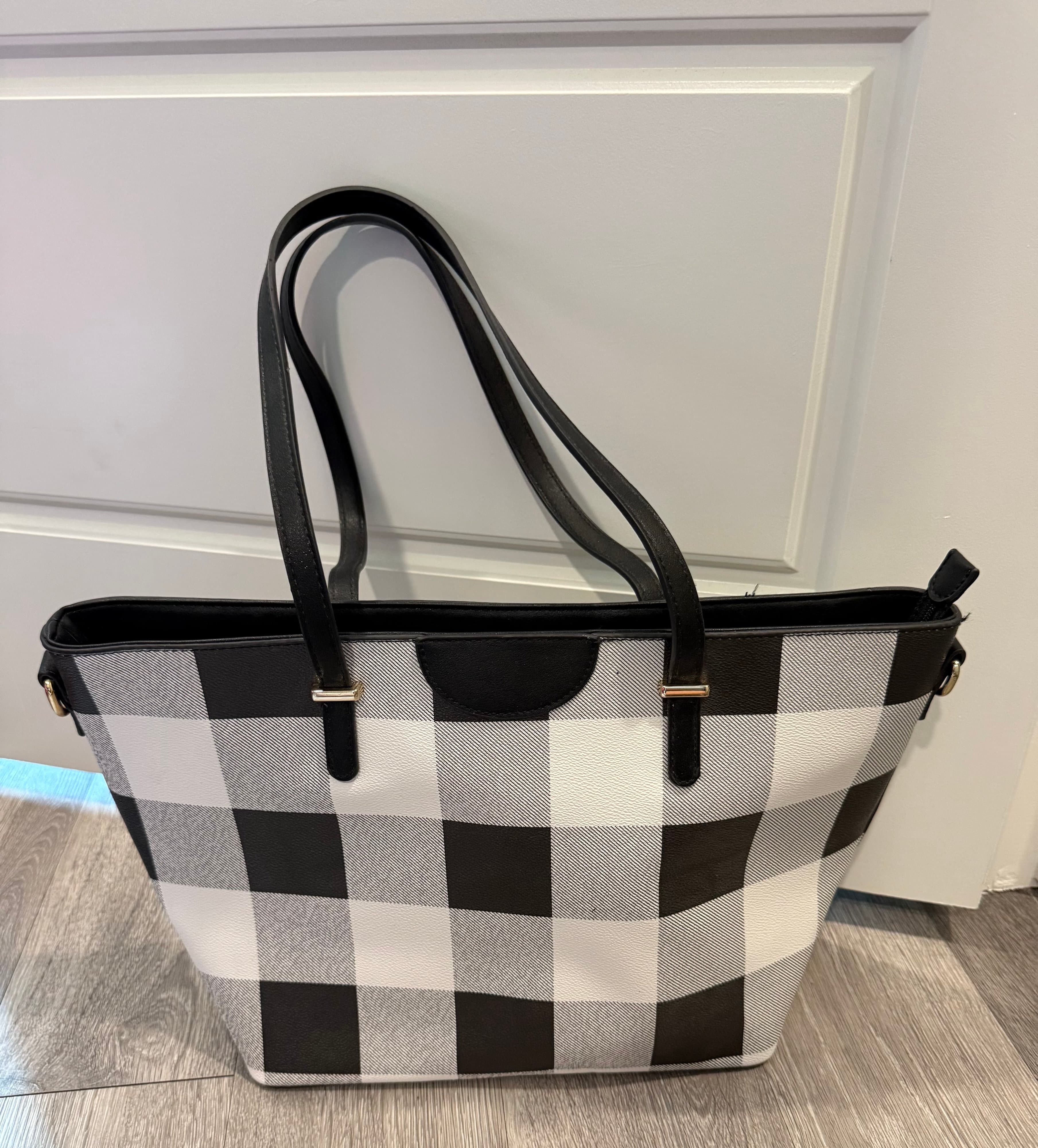 Black and White Checkered Tote Bag with Double Handles - Image 1