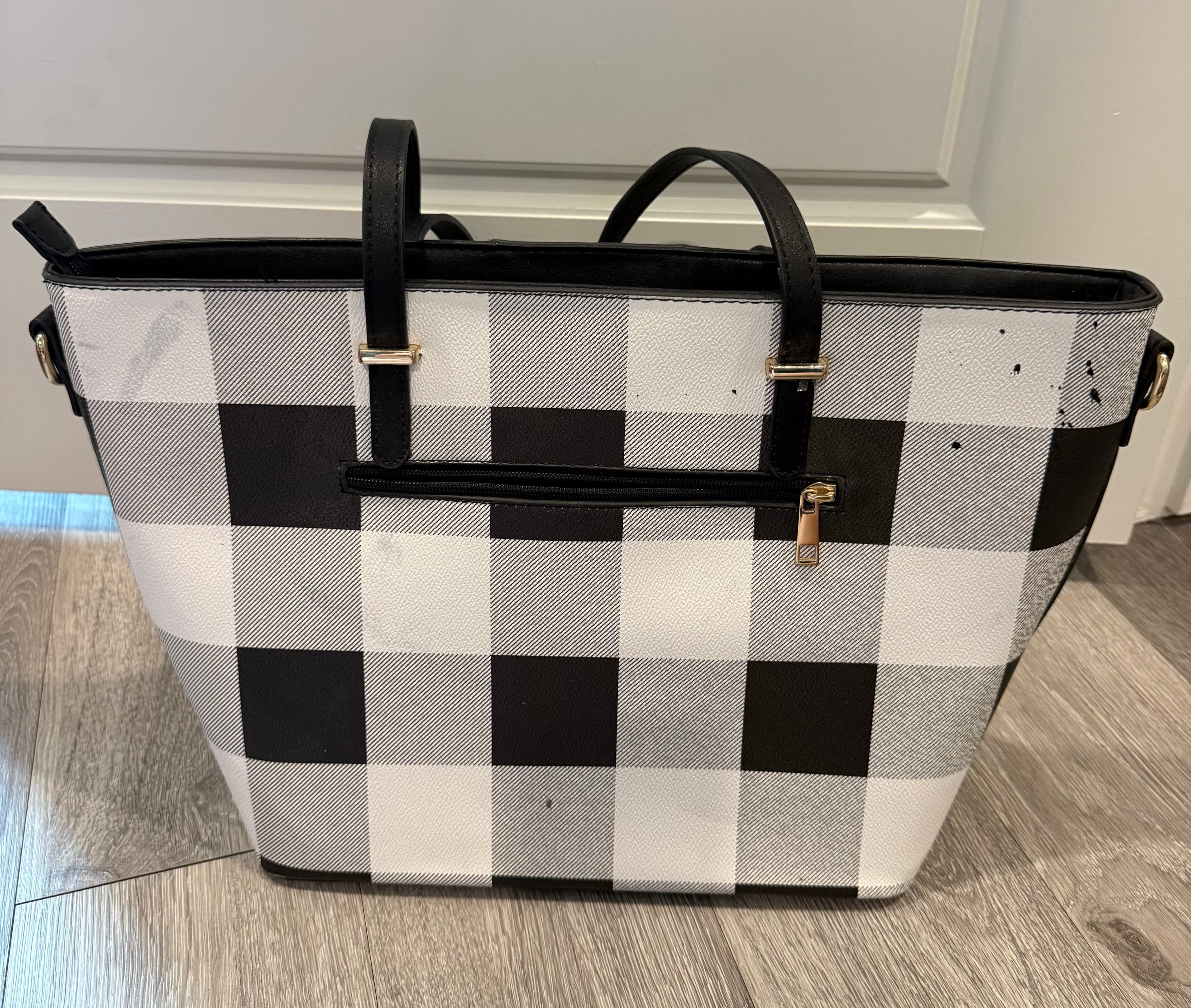 Black and White Checkered Tote Bag with Double Handles - Thumbnail 2