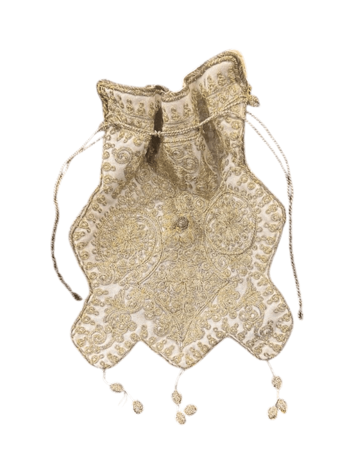 Antique Ottoman 19th Century Collectable Gold Gilt Thread Embroidered Soft Ivory Purse - Thumbnail 2
