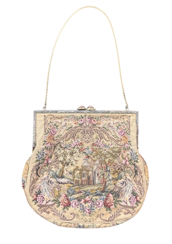 Antique Micro Victorian Petite Point Purse - Hand Embroidered Needlework, Gold Frame and Chain with Pink Stone Detail on Clasp - Image 1