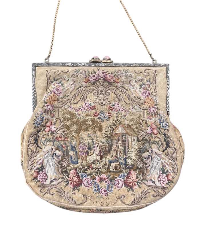Antique Micro Victorian Petite Point Purse - Hand Embroidered Needlework, Gold Frame and Chain with Pink Stone Detail on Clasp - Thumbnail 3
