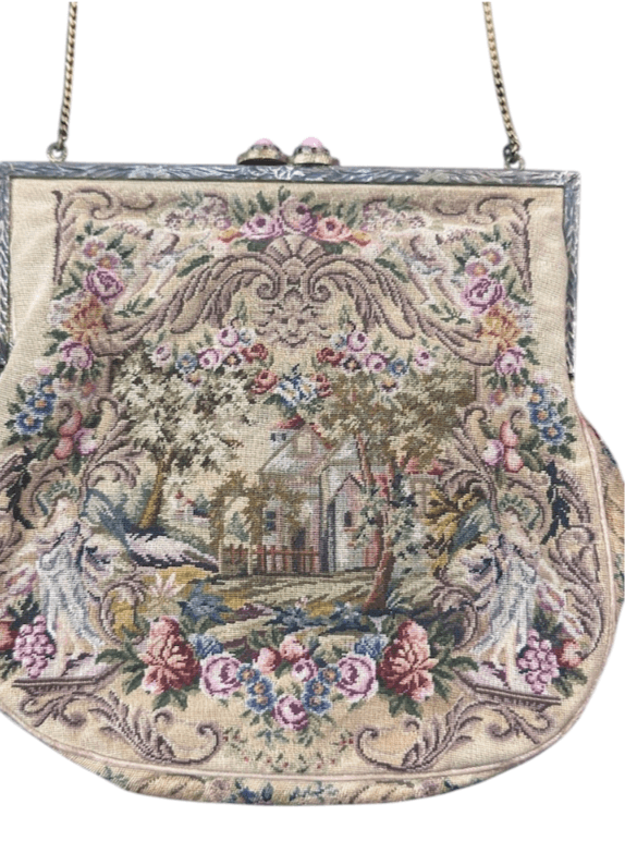 Antique Micro Victorian Petite Point Purse - Hand Embroidered Needlework, Gold Frame and Chain with Pink Stone Detail on Clasp - Thumbnail 2