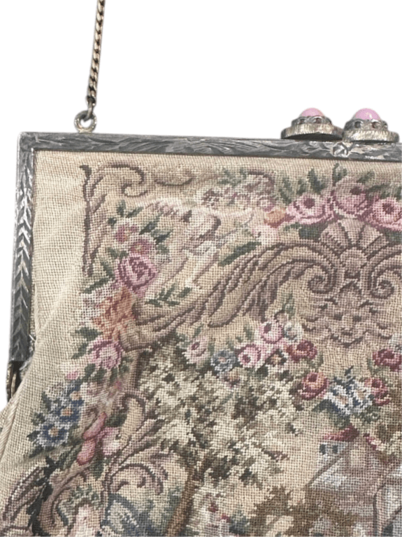 Antique Micro Victorian Petite Point Purse - Hand Embroidered Needlework, Gold Frame and Chain with Pink Stone Detail on Clasp - Thumbnail 5