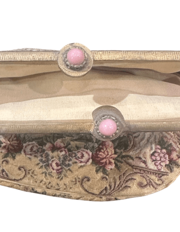 Antique Micro Victorian Petite Point Purse - Hand Embroidered Needlework, Gold Frame and Chain with Pink Stone Detail on Clasp - Thumbnail 6