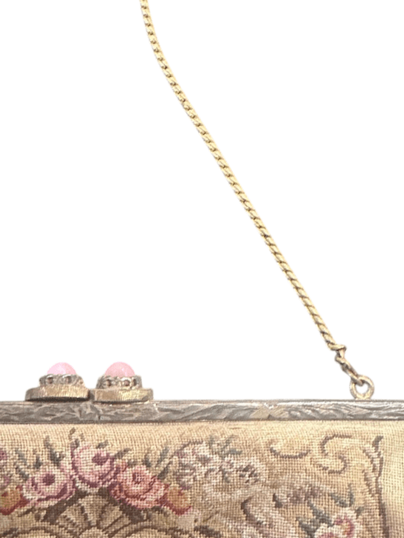 Antique Micro Victorian Petite Point Purse - Hand Embroidered Needlework, Gold Frame and Chain with Pink Stone Detail on Clasp - Thumbnail 7