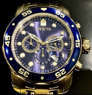 Invicta Pro Diver Scuba 48mm Quartz Chronograph Blue Dial Gold Steel Watch 0073 - Thumbnail 5