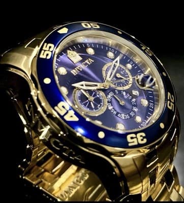 Invicta Pro Diver Scuba 48mm Quartz Chronograph Blue Dial Gold Steel Watch 0073 - Thumbnail 2