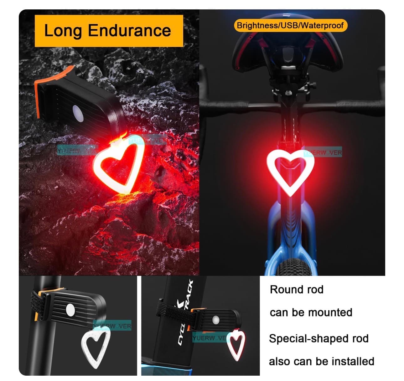 Heart-Shaped USB Rechargeable Bicycle Tail Lamp - Thumbnail 4