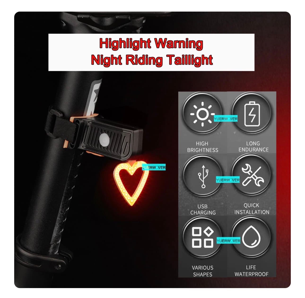 Heart-Shaped USB Rechargeable Bicycle Tail Lamp - Thumbnail 8