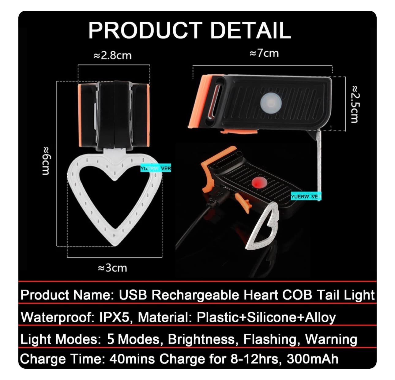 Heart-Shaped USB Rechargeable Bicycle Tail Lamp - Thumbnail 3