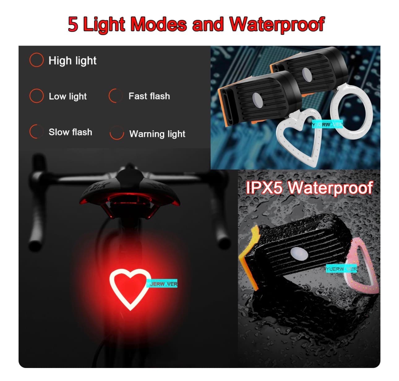 Heart-Shaped USB Rechargeable Bicycle Tail Lamp - Thumbnail 5