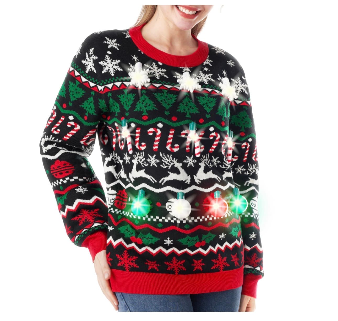 Light-Up Christmas Sweater Medium with Reindeer and Snowflake Design - Image 1