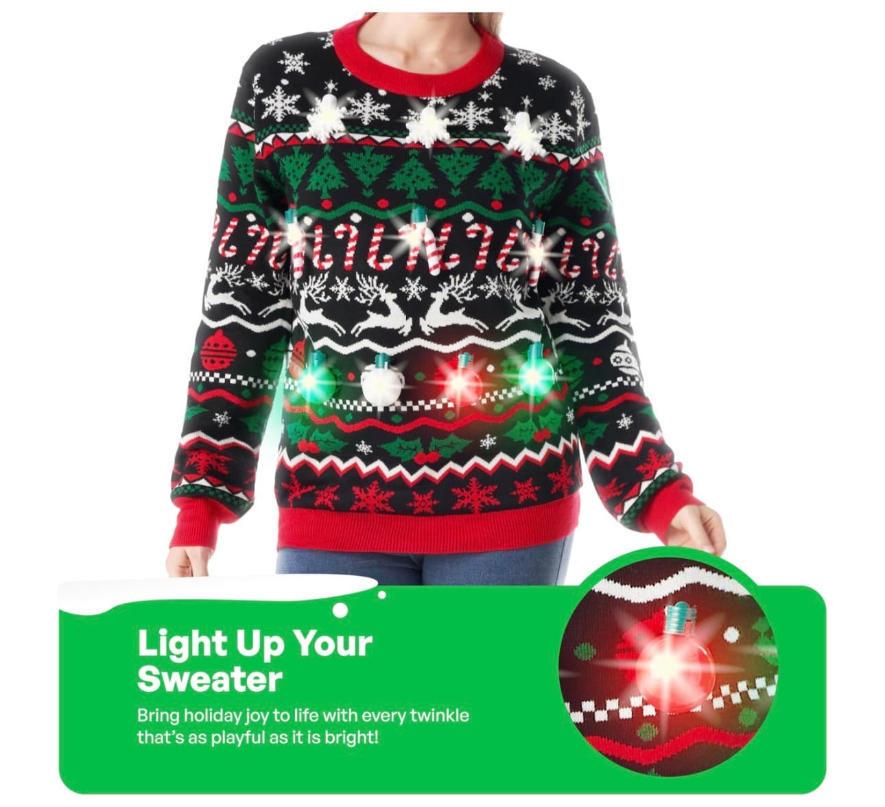 Light-Up Christmas Sweater Medium with Reindeer and Snowflake Design - Thumbnail 3