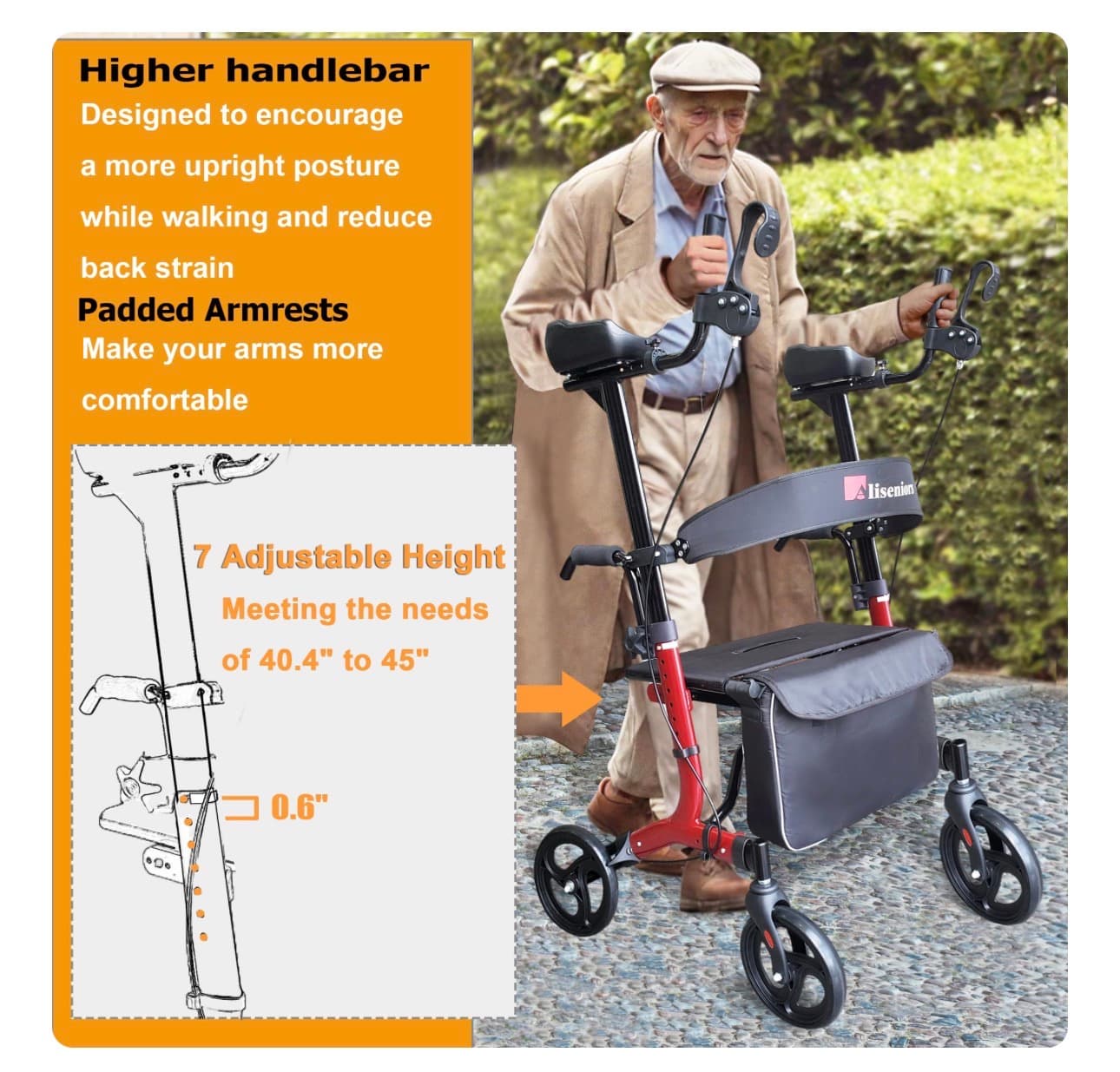 New in Box Rollator Walker with Adjustable Height and Padded Armrests - Thumbnail 2