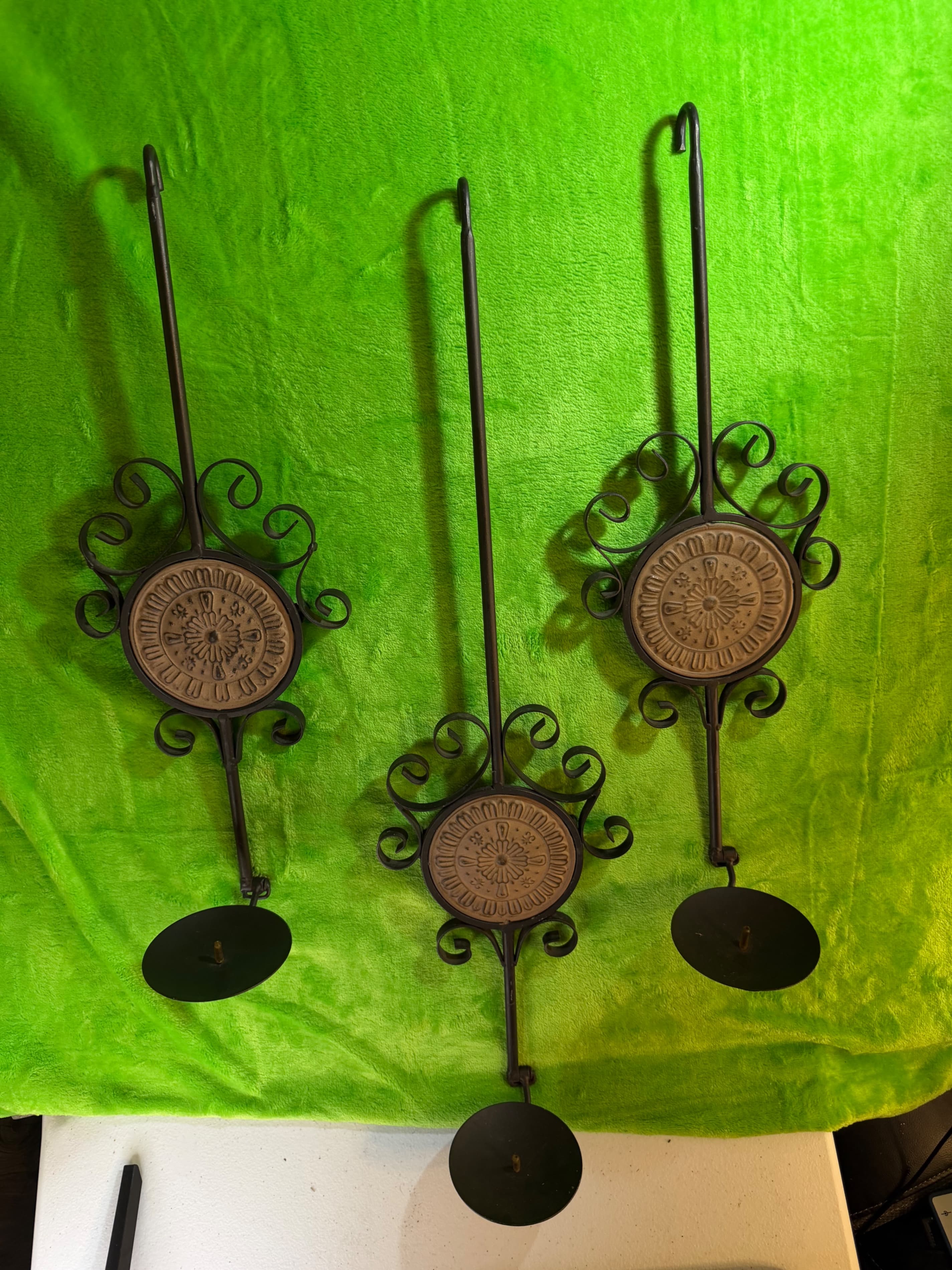 Set of 3 Wrought Iron Scroll Wall Candle Holders with Medallion Design - Image 1