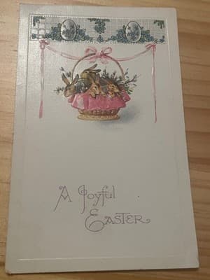 Vintage Embossed Easter Postcard A Joyful Easter Bunny Basket Unposted Pictorial - Image 1