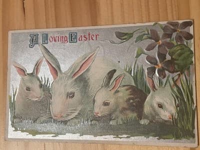 Vintage Easter Postcard A Loving Easter Rabbits Embossed Silvered Vellum - Image 1