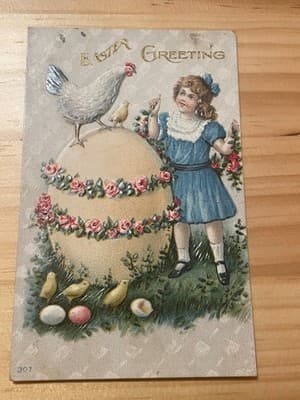 Vintage Easter Postcard Embossed Girl Chicken Egg Printed in Germany Unposted - Image 1