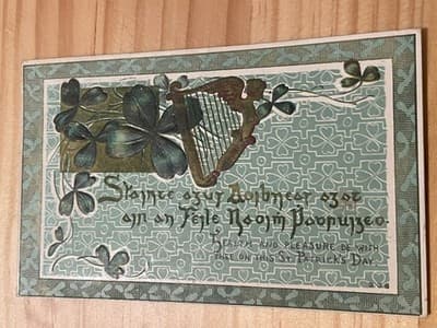 Vintage St Patricks Day Postcard 1915 Embossed Shamrock Harp Detroit Postmark - Image 1