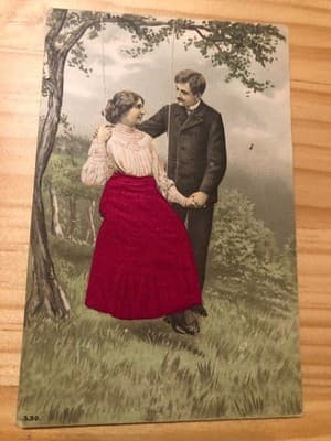 Vintage Embossed Postcard Couple Swing Fabric Applique Red Skirt Postmark 1910 - Image 1