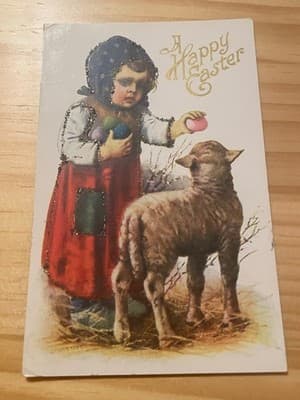 Vintage Embossed A Happy Easter Postcard Girl With Lamb Glitter 1c Stamp Used - Image 1