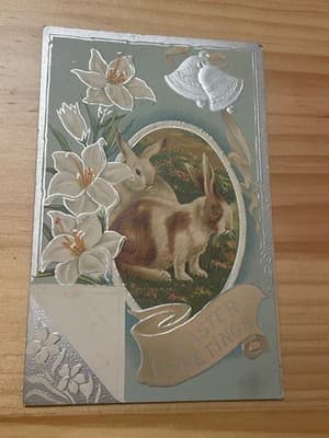 Vintage Embossed Easter Postcard Rabbits Lilies Silver Foil Printed in Germany - Image 1