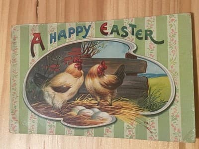 Vintage Easter Postcard Chickens Embossed Easter Rabbits No 2 Green Postmarked - Image 1