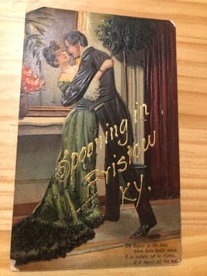 United Publishing Co Postcard Spooning in Bristow KY Embossed Kissing Couple - Image 1