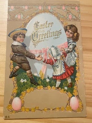 Vintage Easter Postcard Embossed 1916 Easter Greetings Children Bunnies Eggs - Image 1