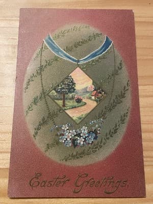 Vintage Easter Postcard Embossed Scenic Cottage Window Violets Flowers Unposted - Image 1