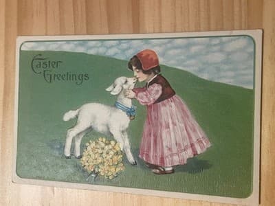 Easter Greetings Postcard Child Lamb Embossed Divided Back Vintage Unposted - Image 1