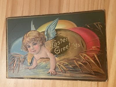 Vintage Embossed Easter Postcard Easter Greetings Children Eggs Juvenile 1910 - Image 1