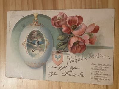 Vintage German Easter Postcard Frohliche Ostern 1915 Floral Egg Illustration - Image 1