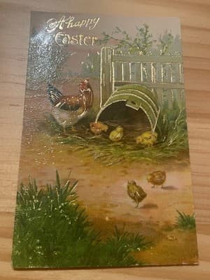 Vintage A Happy Easter Postcard Printed in Germany Gold Foil Embossed Hen Chicks - Image 1