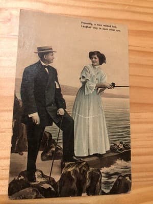 Vintage Early 1900s Romantic Couple Fishing Seaside Postcard Postmarked USA - Image 1