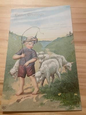 Vintage Easter Postcard Embossed Shepherd Boy Sheep Made in Germany Unposted - Image 1