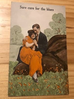 Sure Cure for the Blues Vintage Postcard Couple Illustration Unposted Romance - Image 1
