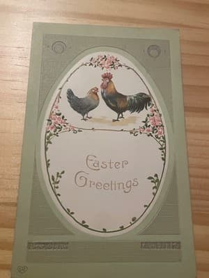 Vintage Embossed Easter Postcard Rooster Hen Floral Green Printed Germany Card - Image 1
