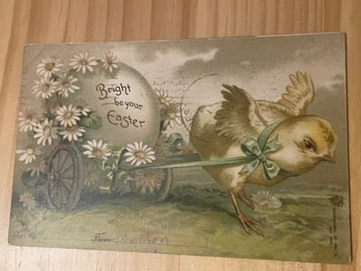 Vintage Easter Postcard Chick with Cart Daisies Bright Be Your Easter Used - Image 1