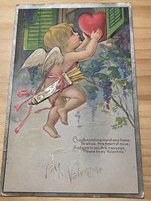 Vintage Embossed Valentine Postcard Cupid Cherub To My Valentine Plainwell MI - Image 1