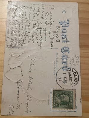 Vintage Embossed Easter Postcard 1912 Rabbit Lilies Handwritten Postmark Ohio - Thumbnail 2