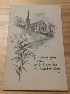Vintage Easter Postcard Church Lily Religious Greeting Unposted Made in USA - Image 1