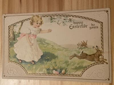 Vintage Embossed Easter Postcard Girl Rabbits Postmarked Handwritten Greeting - Image 1