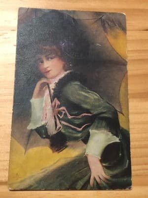 Vintage Postcard Woman w/ Umbrella Postmarked Mount Vernon 1c Stamp Handwritten - Image 1