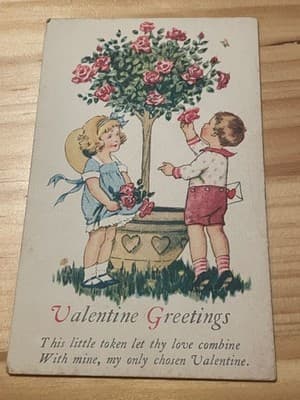 Vintage Valentine Postcard 1908 Handwritten Regina Children Roses Greeting - Image 1