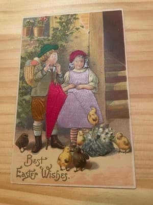 Vintage Embossed Easter Postcard Made in Germany Children Chicks Applied Fabric - Image 1