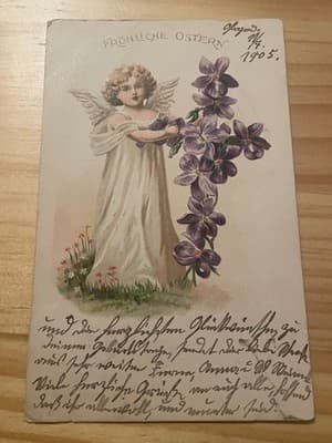 German Easter Postcard 1905 Fröhliche Ostern Angel Violets Postmarked 5pf Stamp - Image 1