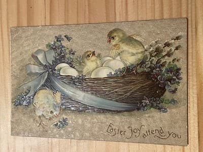Vintage Embossed Easter Postcard Chicks Nest Eggs Blue Ribbon Postmarked Stamped - Image 1