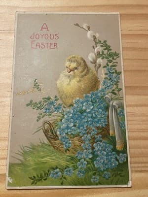 Vintage Easter Postcard Chick Basket Forget Me Not Flowers Postmarked Antique - Image 1