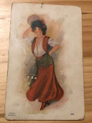 Vintage Illustrated Postcard Dancer Woman Postmarked 1c Stamp Worn Corner Wear - Image 1